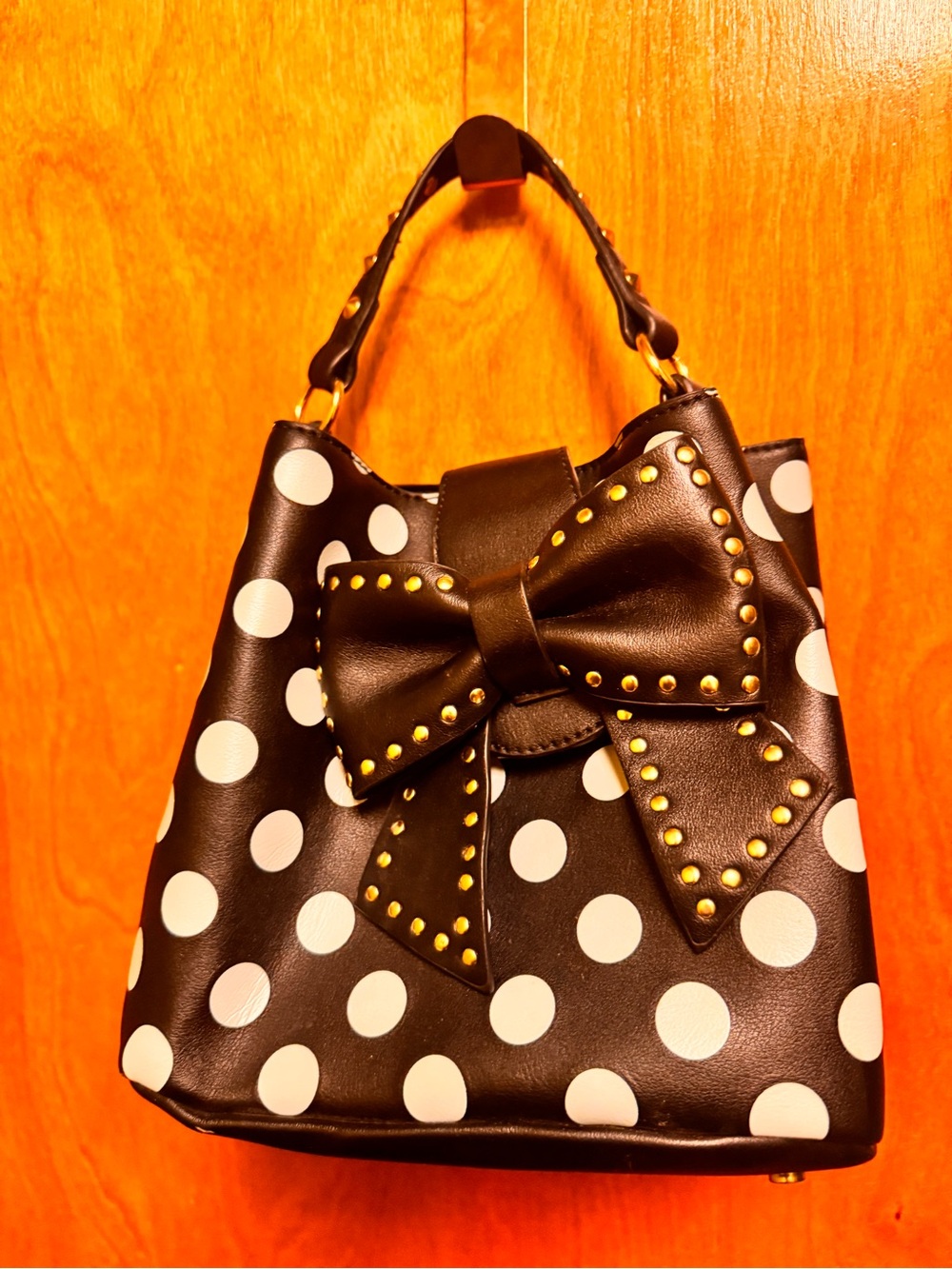 Black Polka Dot Bow Bucket Bag - Women's Shoulder Handbag - Picture 11 of 12